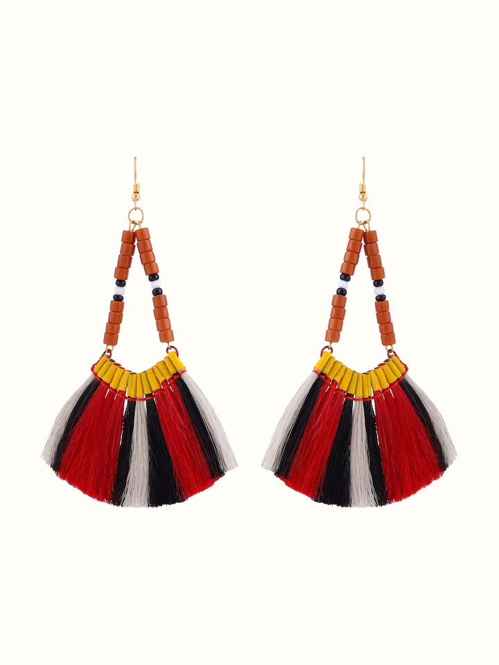 Front view of Bead & Dyed Goat Hair Drop Earrings showcasing vibrant colors and intricate beadwork