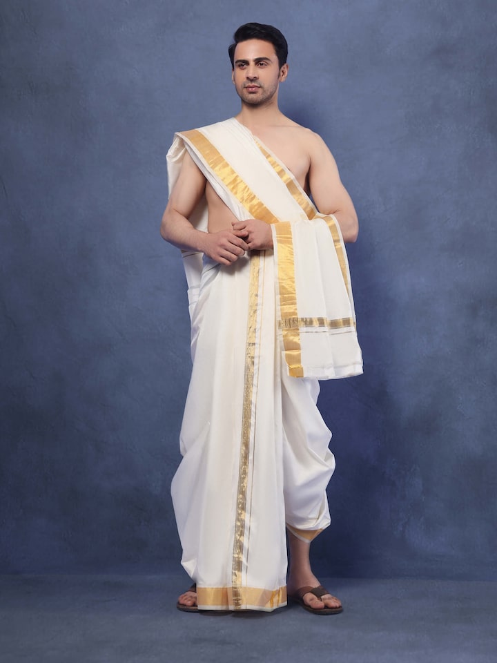 Off-white Silk Pattu Angavastram Set (2Pcs)