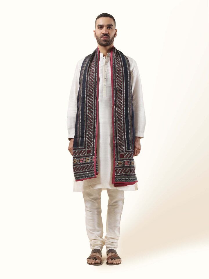 Black Mulberry Silk Kantha Embroidered Stole