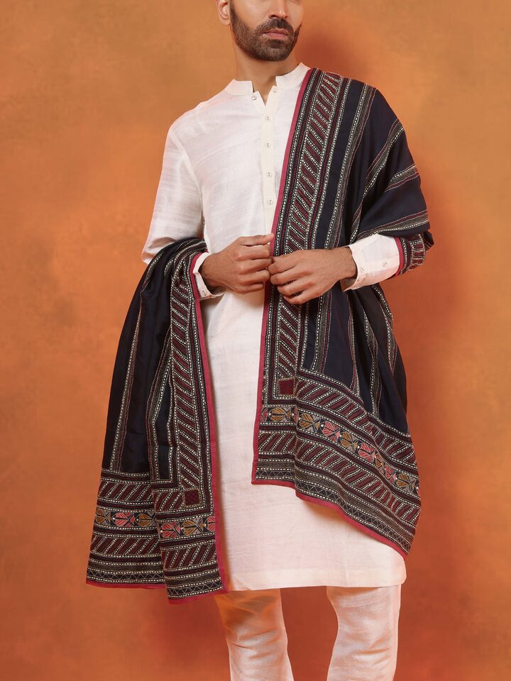 Black Mulberry Silk Kantha Embroidered Stole