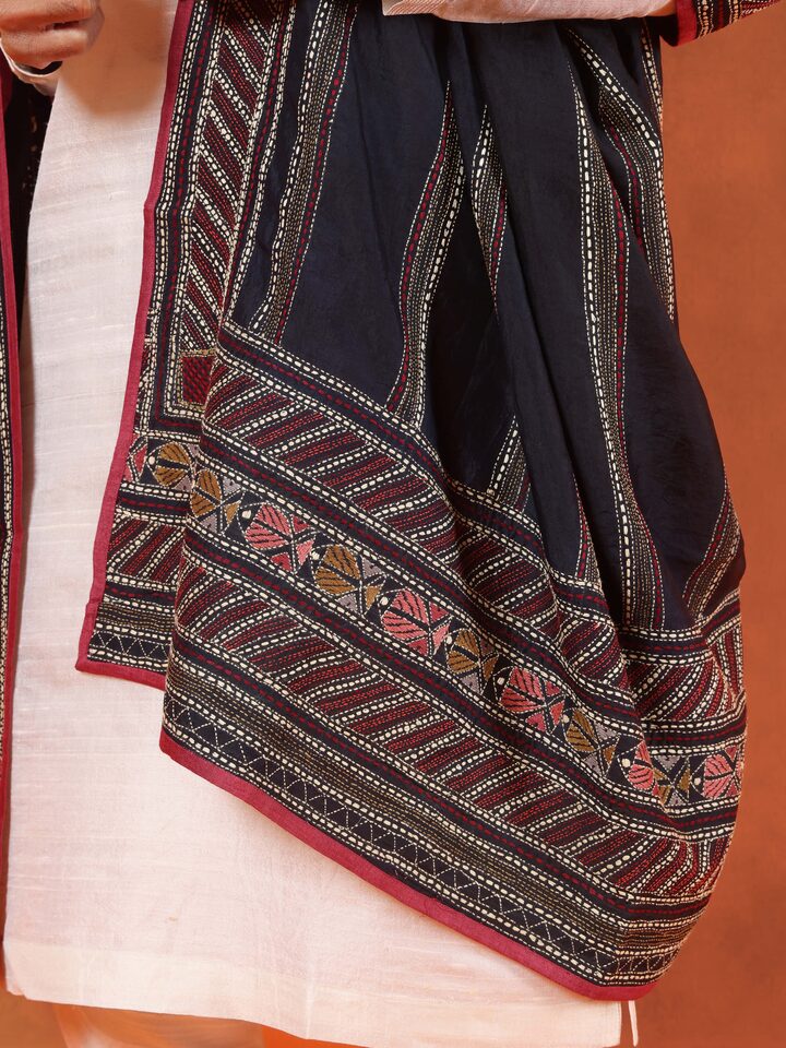 Black Mulberry Silk Kantha Embroidered Stole