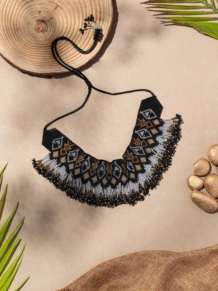 Side view of Glass Beads Choker showing the beaded design and overall length.