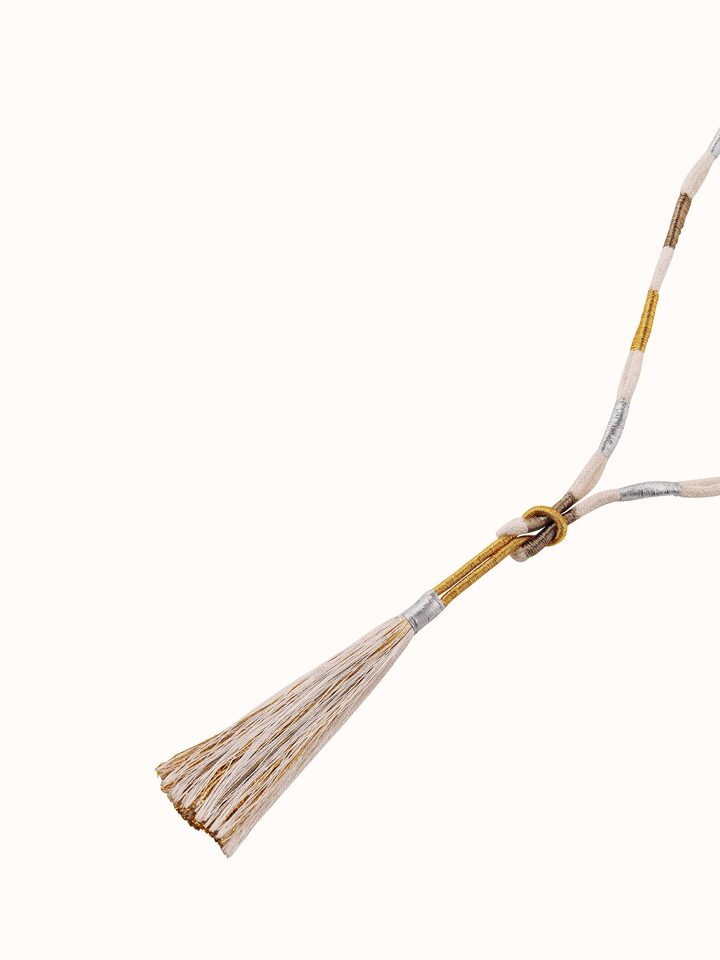 Angled view of Patwa long necklace showcasing its detailed design and traditional elements