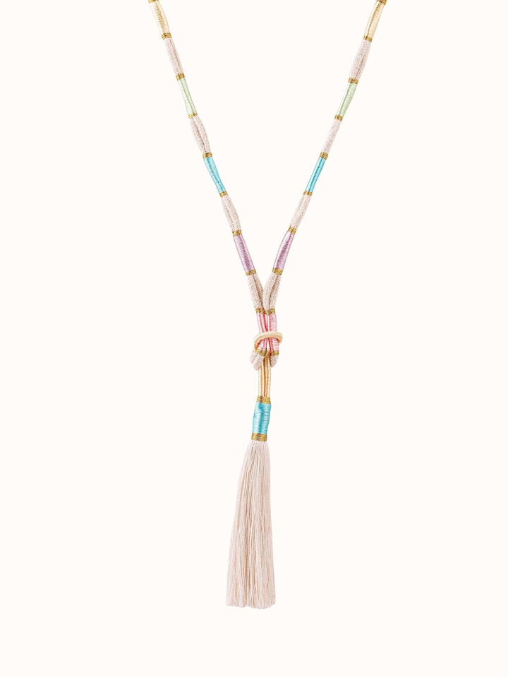 Front view of Patwa long necklace showcasing its vibrant design and intricate beadwork