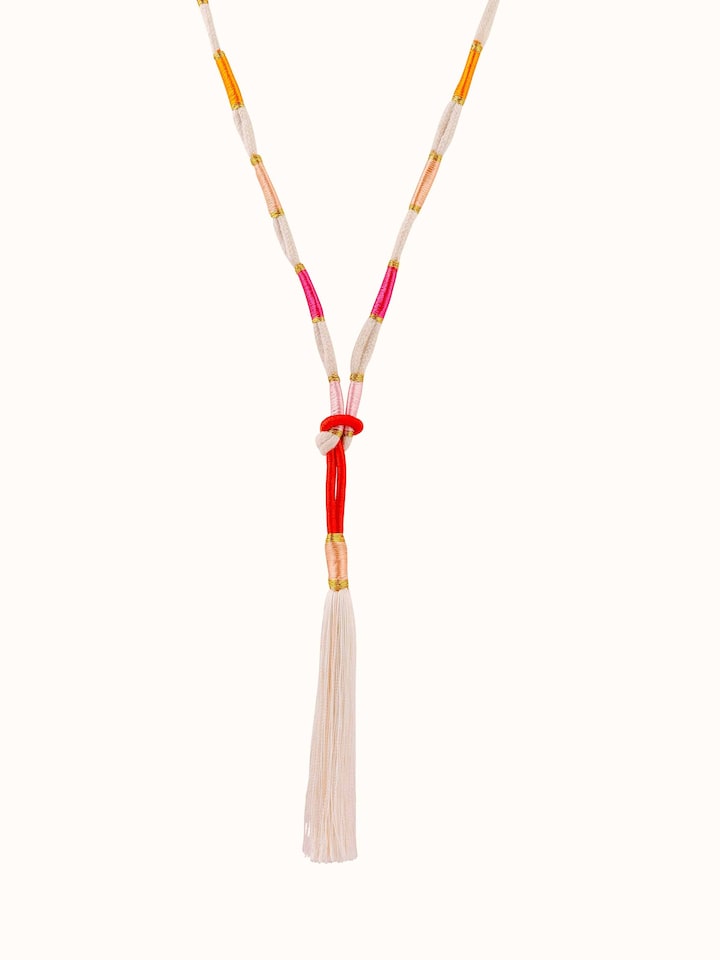 Front view of Patwa long necklace featuring vibrant colors and intricate pattern