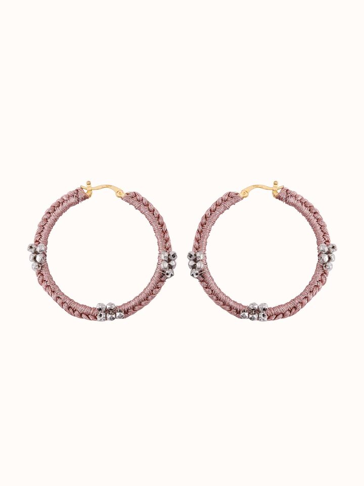 Front view of Zari Patwa hoop earrings with intricate gold thread detailing and polished finish