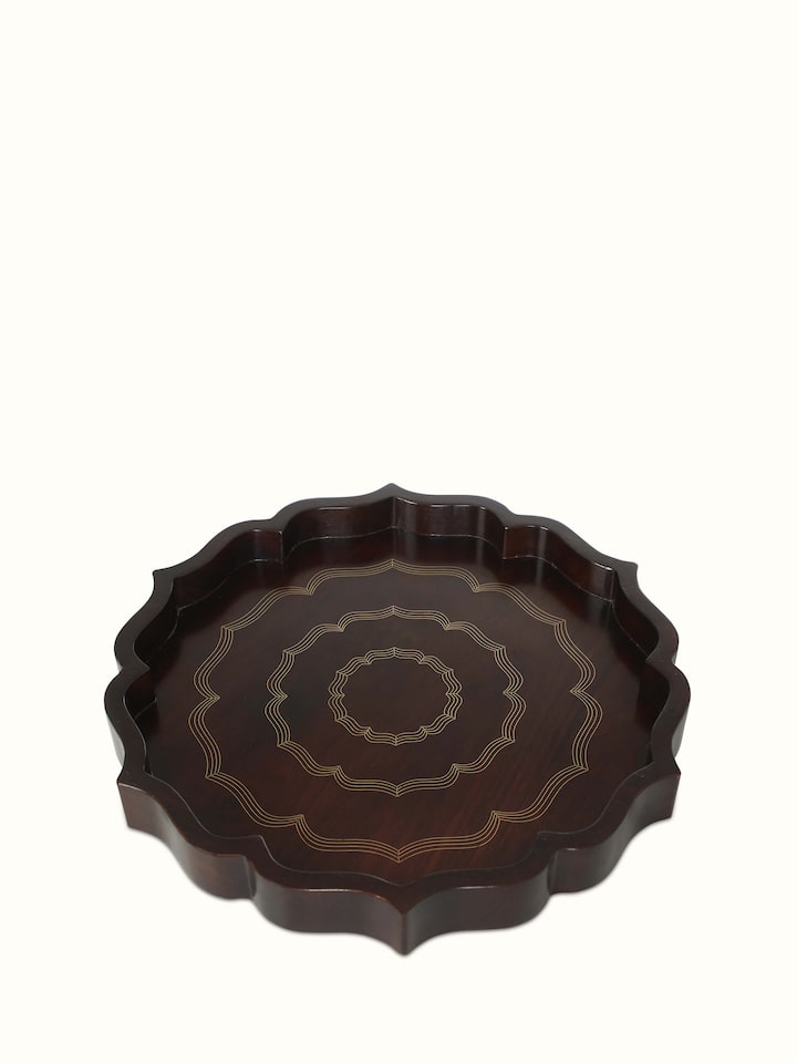 Front view of Tarkashi Sheesham wood & brass decorative tray in brown color showcasing detailed craftsmanship.