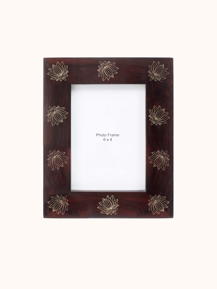 Front view of Tarkashi sheesham wood & brass lotus photo frame showcasing detailed brass inlay and elegant woodwork
