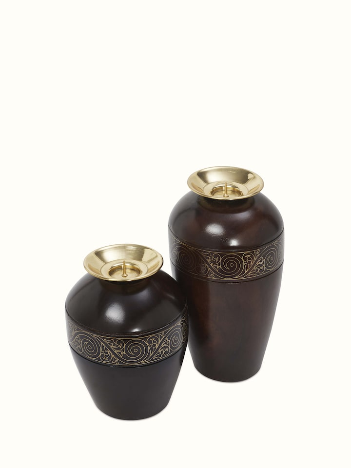 Side view of Tarkashi Sheesham wood & brass candle bases in golden color (2 pcs)