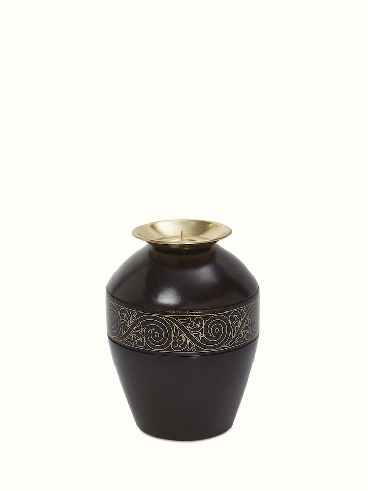 Detailed view of Tarkashi Sheesham wood & brass candle bases with golden finish (2 pcs)