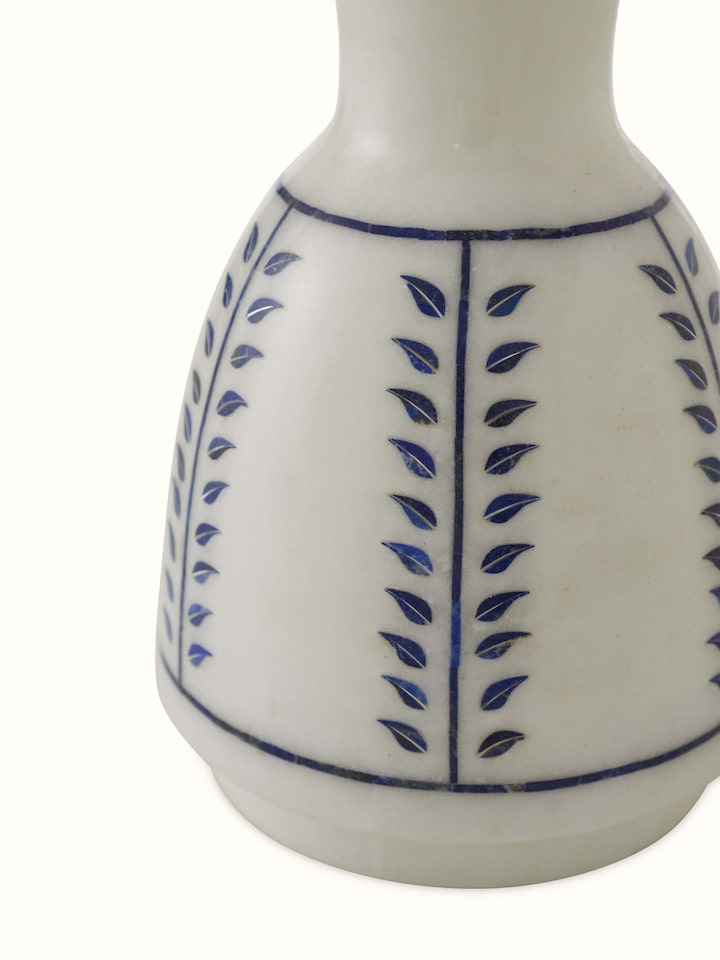 Detail view of Pacchikari Marble Floor Vase White Colour highlighting the handcrafted detailing and finish, from a different angle