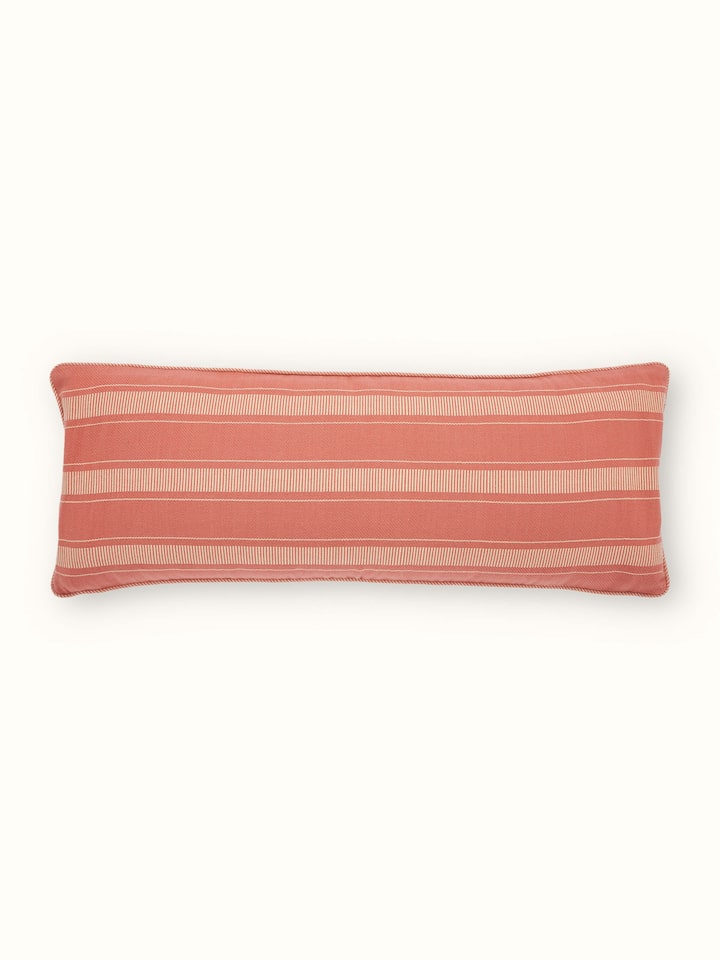 Full view of Godna peach stripe cotton handwoven pattu cushion cover showcasing the peach stripe pattern and handwoven texture.