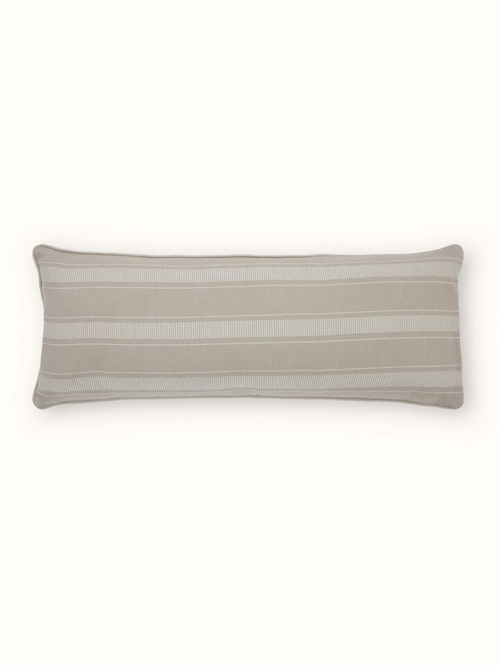Front view of Godna Light Beige Stripe Cotton Handwoven Pattu Lumbar Cushion Cover showcasing the striped design.