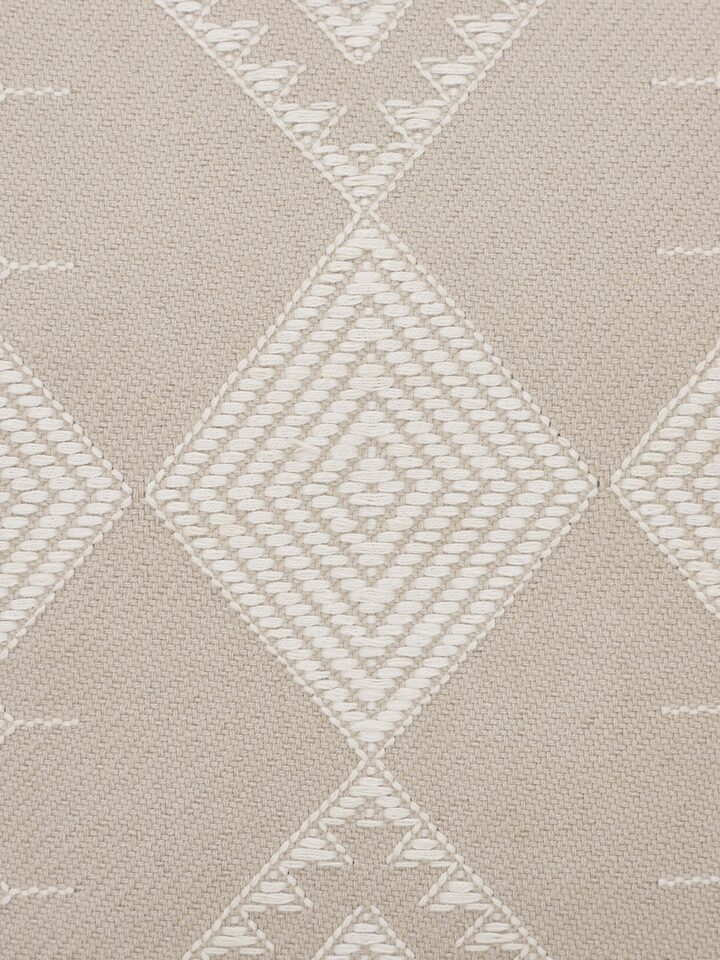 Detailed view of Godna light beige buta cotton handwoven pattu cushion cover, highlighting the handwoven craft and subtle beige design.