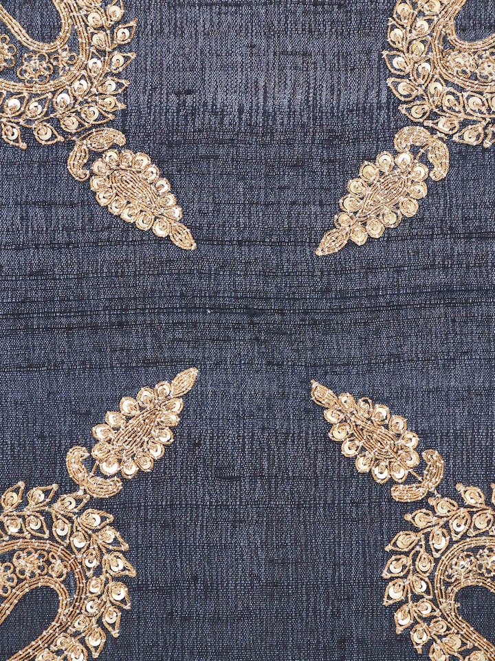 Close-up of Alankar dark blue koniya paisley silk zardozi embroidered cushion cover focusing on the intricate zardozi work and deep blue silk.