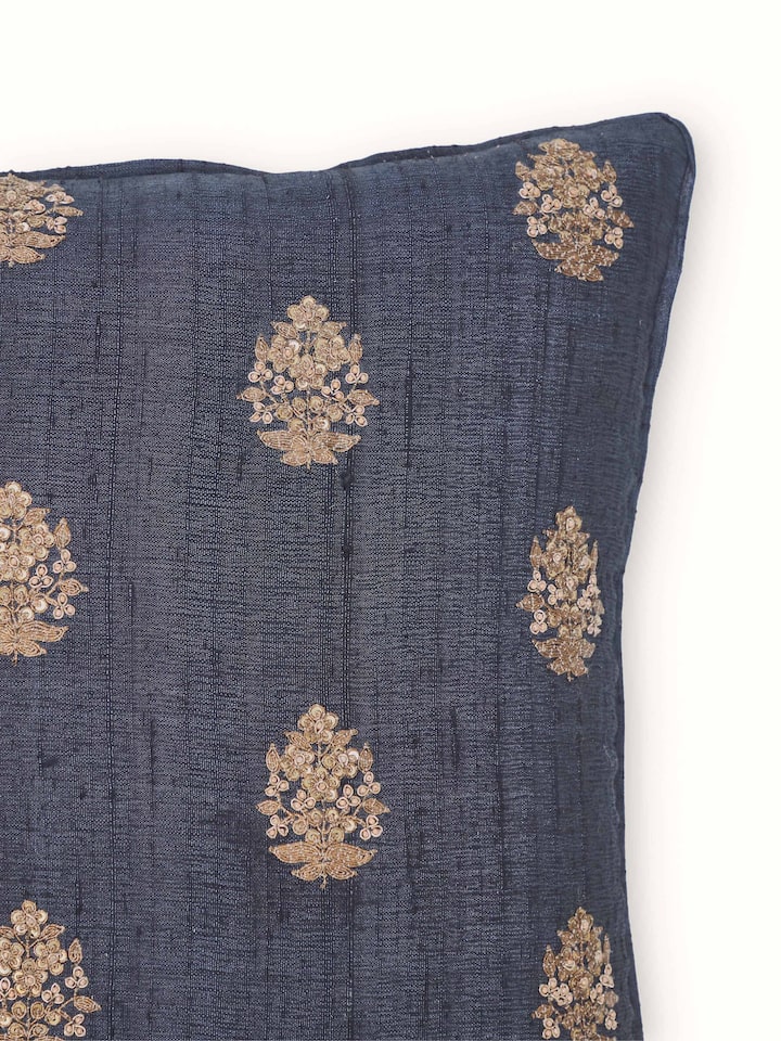 Alankar dark blue buti silk zardozi embroidered cushion cover with detailed zardozi work.