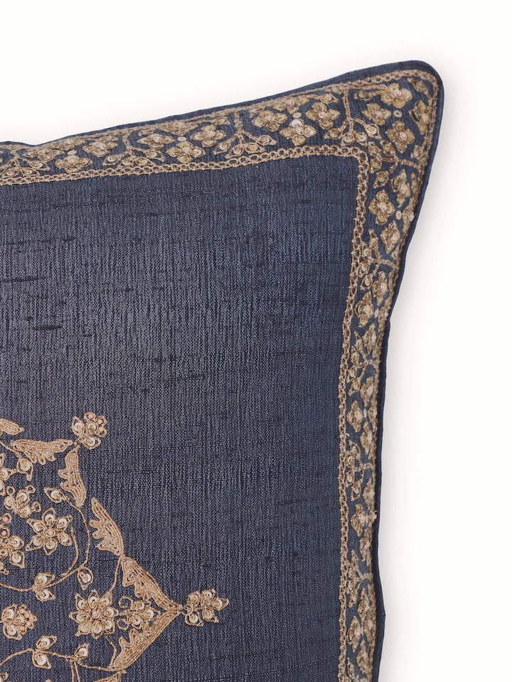 Close-up view of Alankar Dark Blue Buta Silk Zardozi Embroidered Cushion Cover highlighting the weave and stitch detail