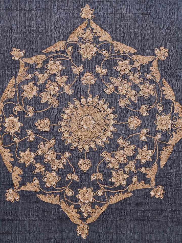 Detail view of Alankar Dark Blue Buta Silk Zardozi Embroidered Cushion Cover highlighting the fabric texture and embroidery detail