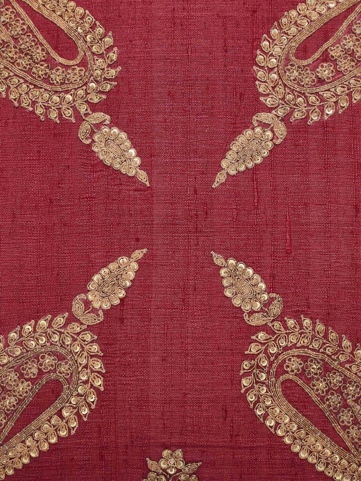 Detail view of Alankar Maroon Paisley Silk Zardozi Hand Embroidered Cushion Cover highlighting the fabric texture and embroidery detail