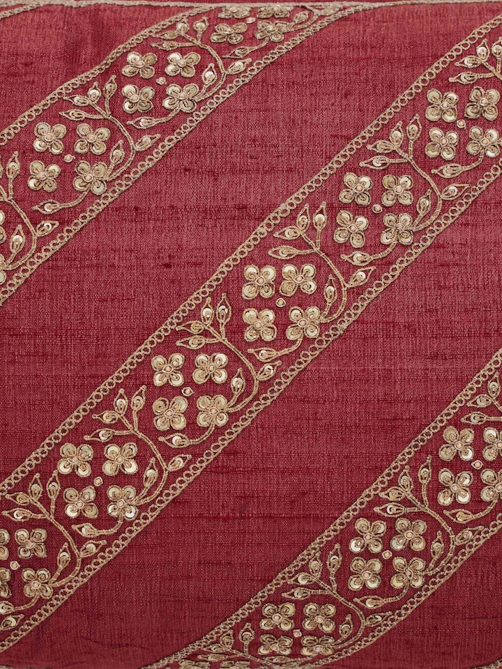 Detailed view of Alankar Maroon Diagonal Stripe Silk Zardozi Embroidered Cushion Cover emphasizing zardozi embroidery on silk