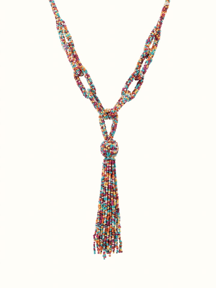 Front view of Handcrafted Long Necklace showcasing unique handcrafted design and length.
