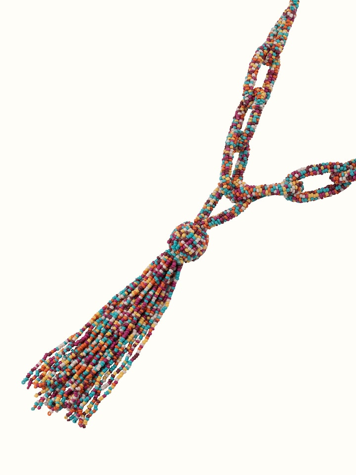 Angled view of Handcrafted Long Necklace highlighting the unique handcrafted design.