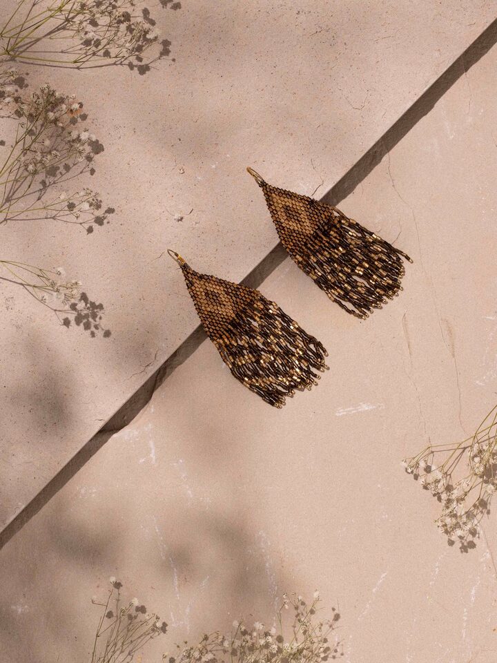 Close-up view of Handcrafted Drop Earrings highlighting intricate details.