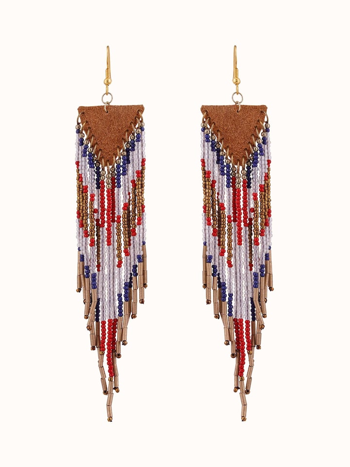 Front view of handcrafted drop earrings featuring artistic design and detailed metalwork.
