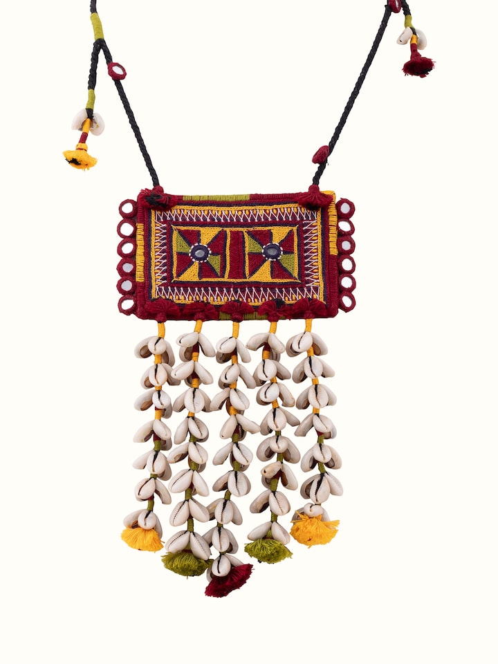 Front view of Banjara embroidery long necklace showcasing traditional embroidery patterns and vibrant colors.