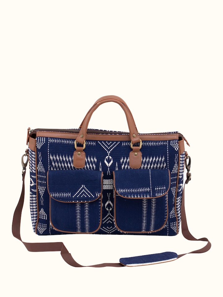 Front view of leather and textile Nagaland loin loom business bag