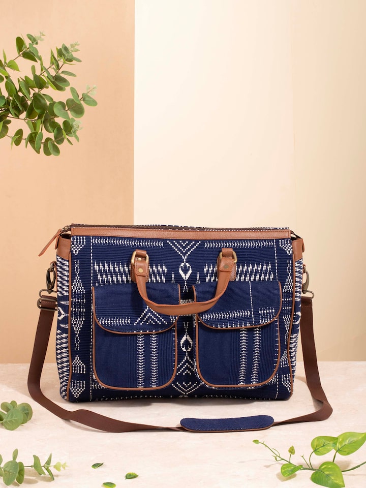 Close-up view of leather and textile Nagaland business bag showing craftsmanship