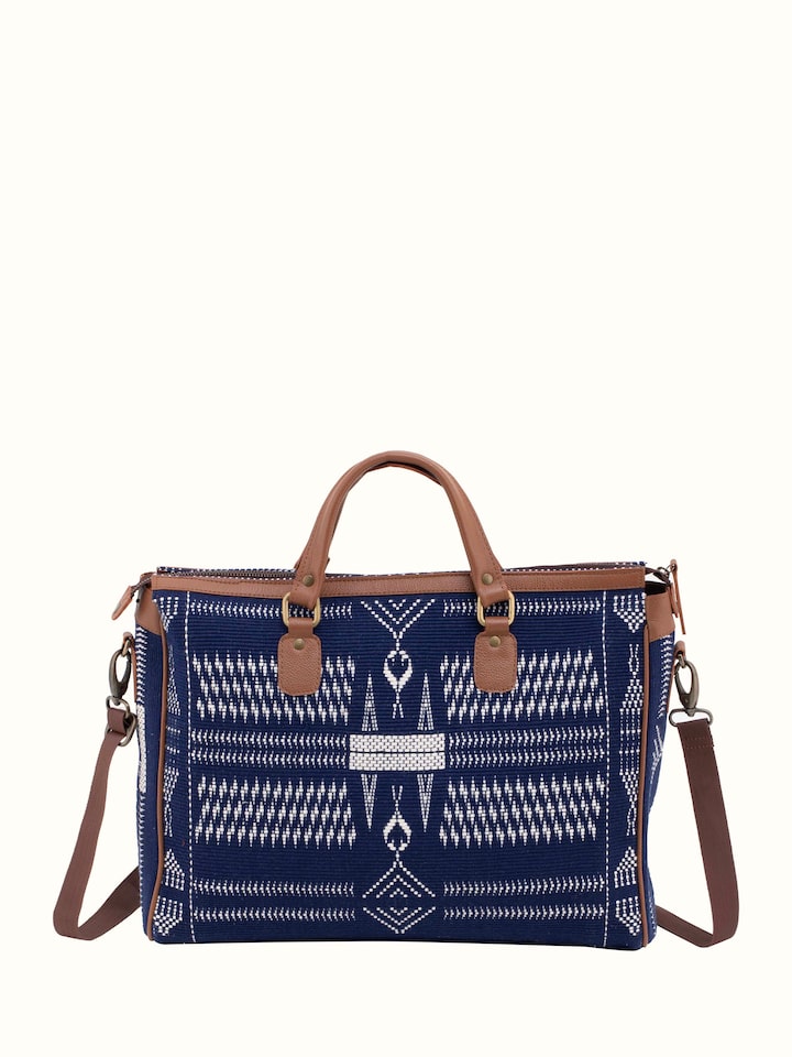 Angled view of leather and textile Nagaland business bag emphasizing texture