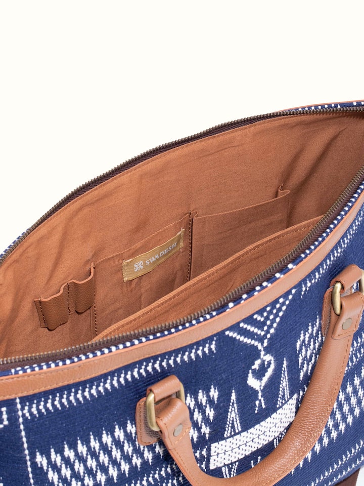 Back view of leather and textile Nagaland business bag highlighting design