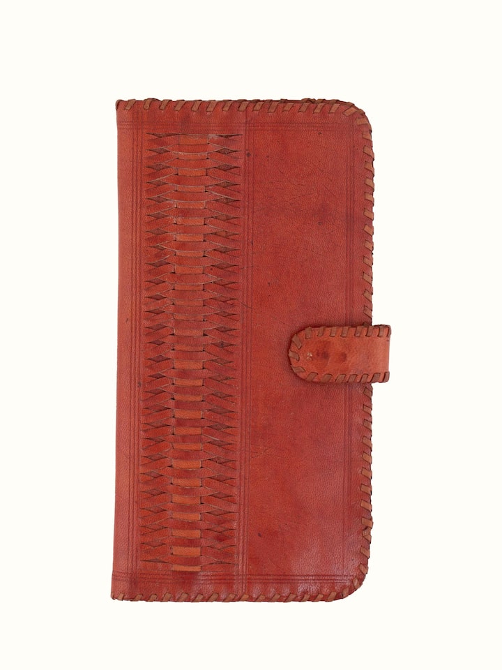Front view of Tan Leather Kutch Stitched Long Wallet featuring intricate Kutch embroidery.