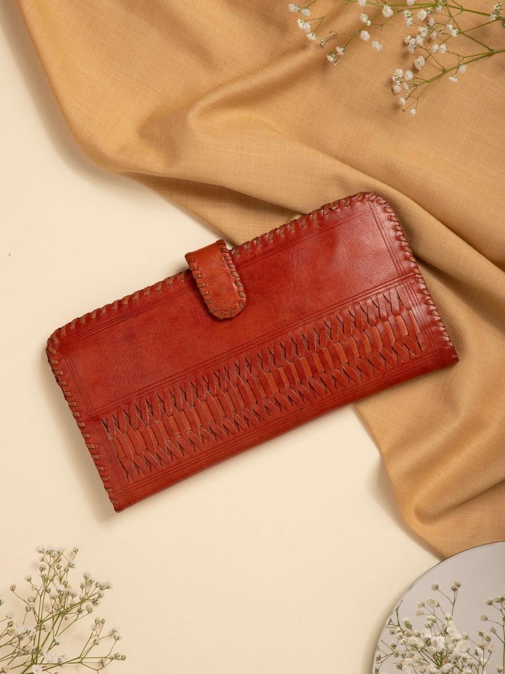 Side view of Tan Leather Kutch Stitched Long Wallet displaying stitching details and clasp.