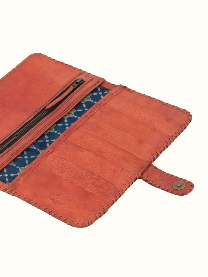 Top view of Tan Leather Kutch Stitched Long Wallet with open flap revealing card and cash sections.