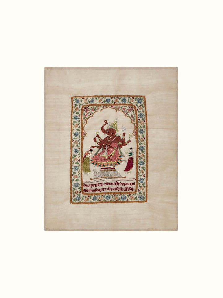 Front view of Chamba Rumal Ekdanta wall art depicting vibrant colors and detailed embroidery of Lord Ganesha.