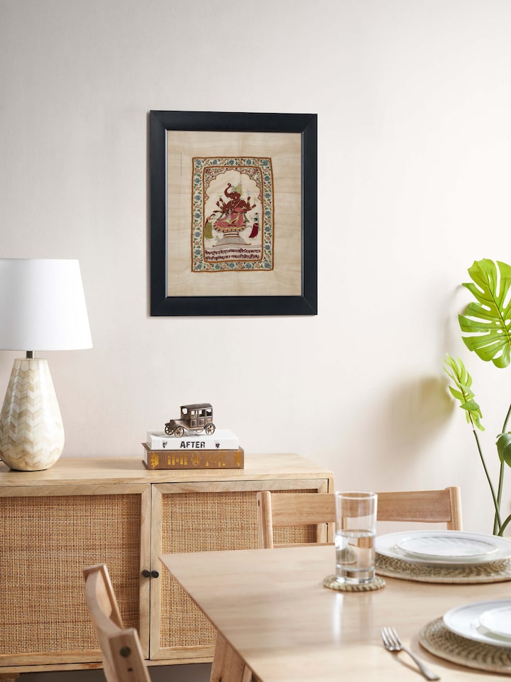 Side view of Chamba Rumal Ekdanta wall art highlighting the intricate stitching and fine detailing in the artwork.