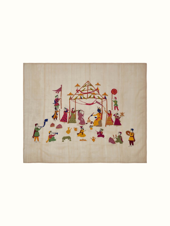 Front view of Chamba rumal vidhi wall art featuring traditional embroidery and vibrant colors.