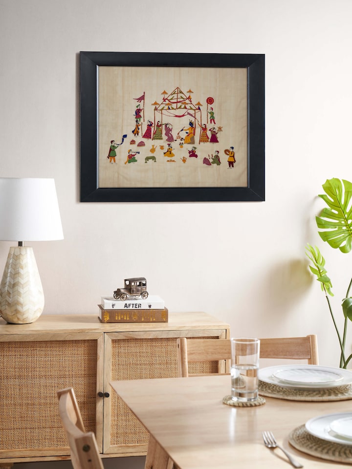 Side view of Chamba rumal vidhi wall art highlighting detailed embroidery and intricate patterns.
