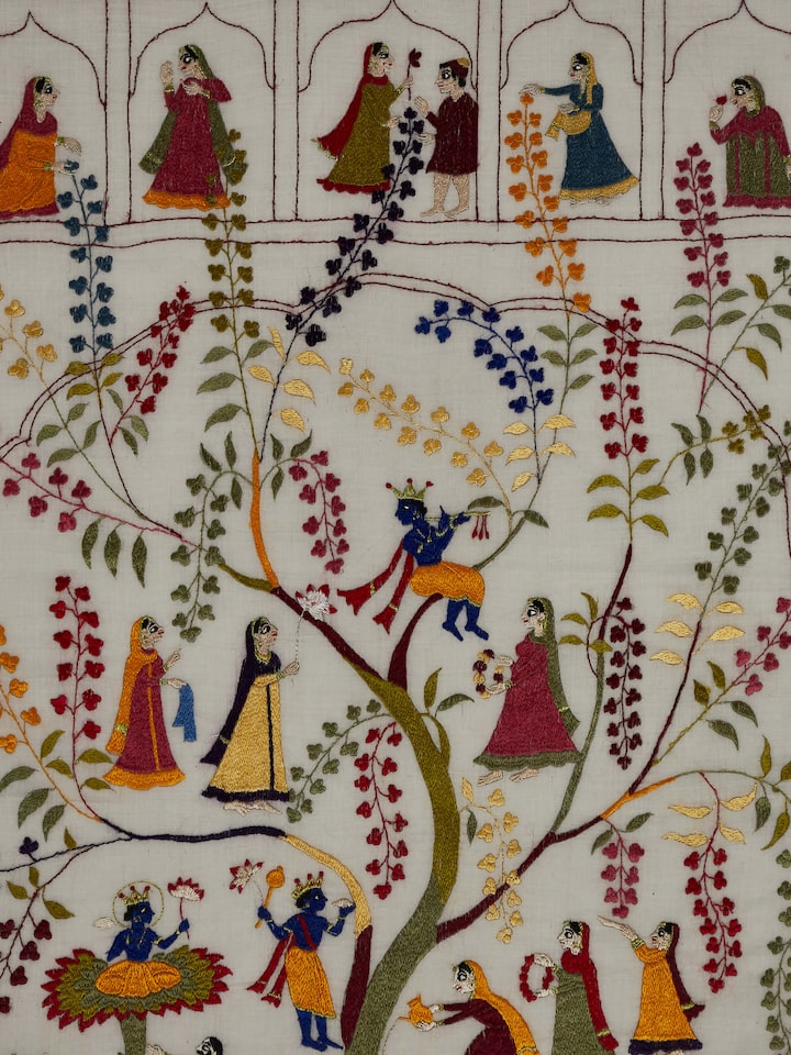 Close-up of Chamba Rumal Wall Art focusing on intricate embroidery patterns and rich textile textures.