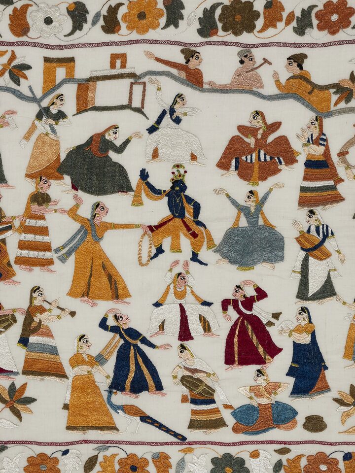 Angled view of Chamba Rumal Raasleela Wall Art, capturing the beautiful embroidery design and vibrant depiction of Raasleela.