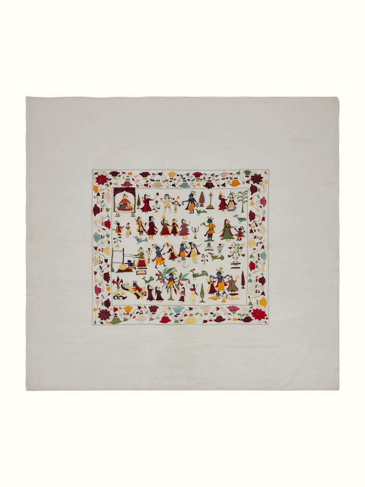 Front view of Chamba Rumal Leela Wall Art, showcasing intricate embroidery of Leela scene with fine detailing and vibrant colors.