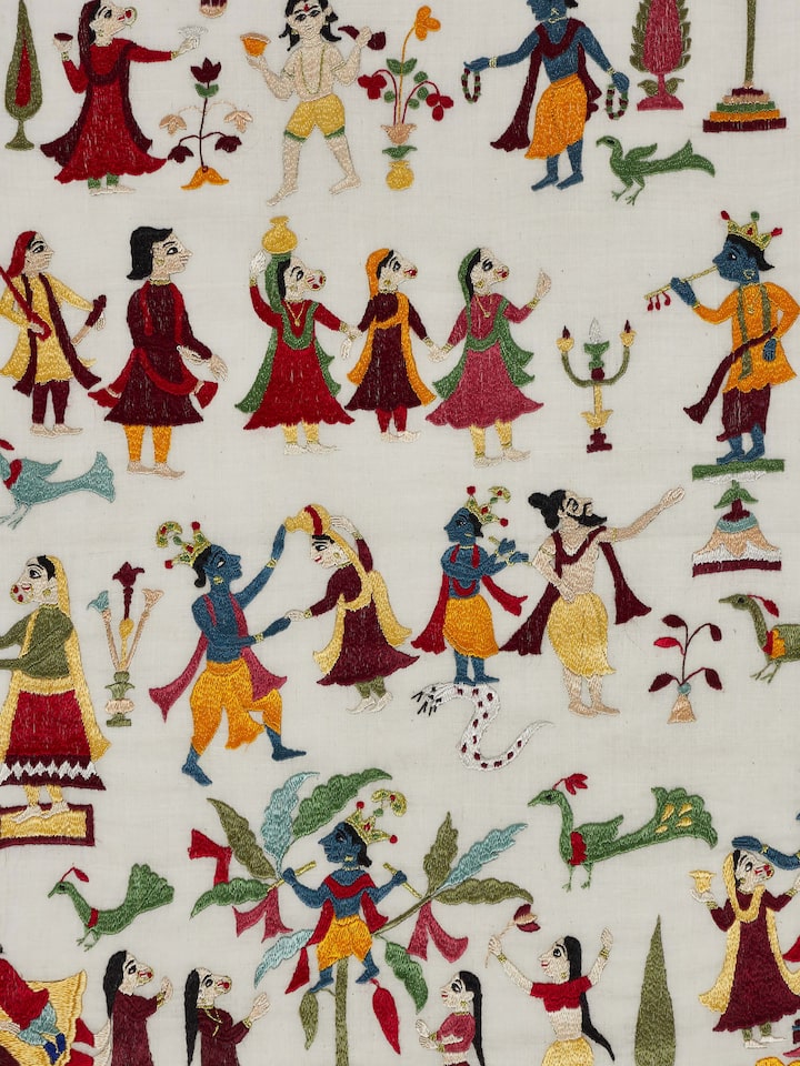 Angled view of Chamba Rumal Leela Wall Art, emphasizing the detailed embroidery and artistic depiction of the Leela scene.