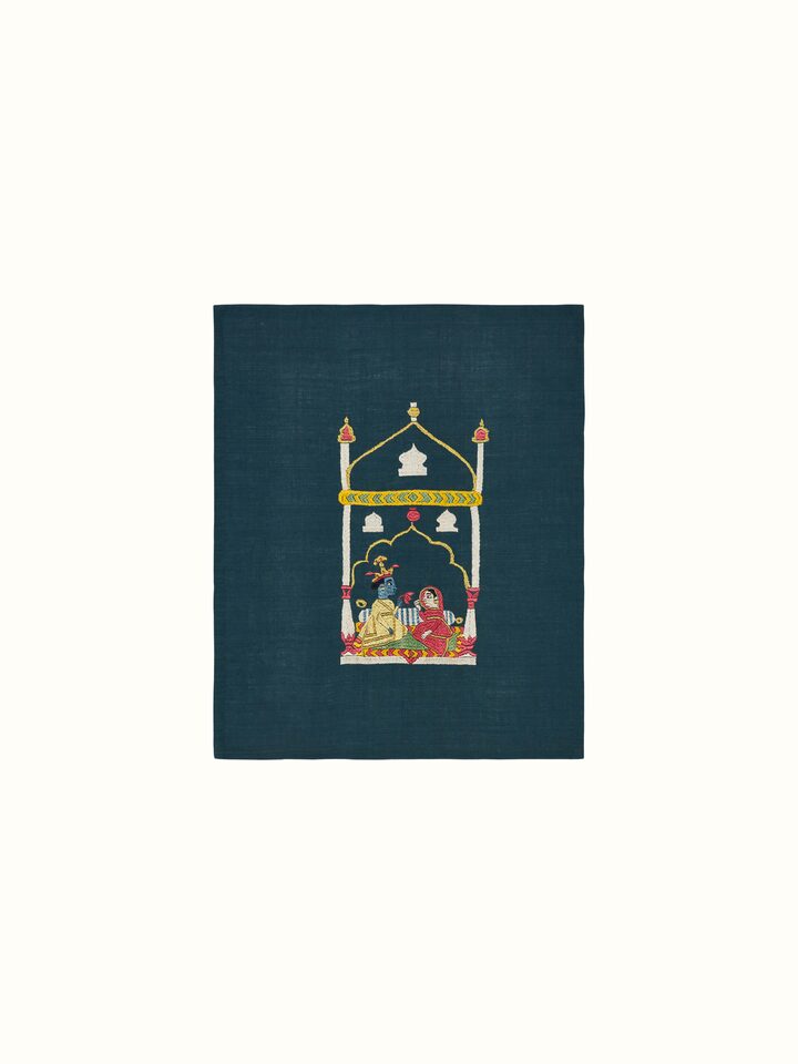 Front view of Chamba rumal shamiyana wall art showcasing its intricate embroidery and vibrant colors