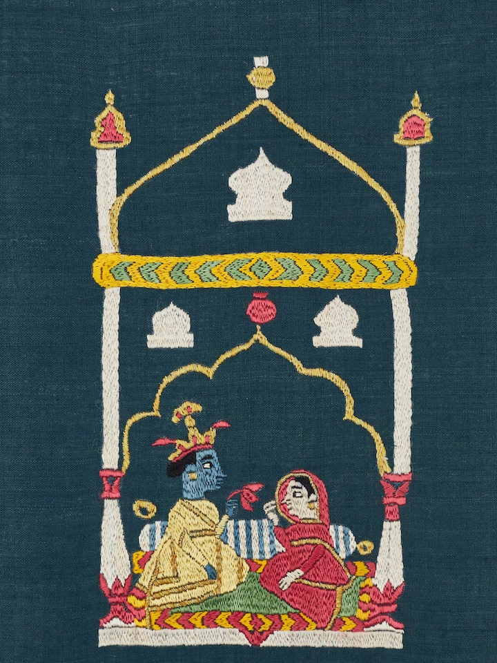 Close-up of Chamba rumal shamiyana wall art focusing on the detailed embroidery and colors