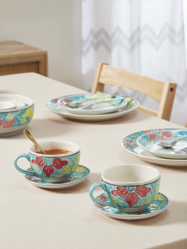 Top view of Khurja Pottery Ceramic Soup Bowl Set, highlighting the vibrant glaze and decorative patterns (2 pcs)