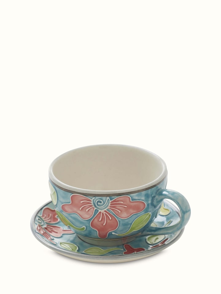 Close-up of Khurja Pottery Ceramic Soup Bowl Set, focusing on detailed artistry and fine ceramic work (2 pcs)