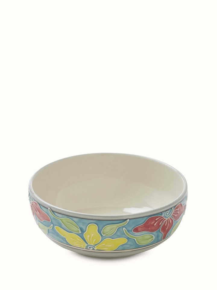 Front view of blue Khurja pottery ceramic serving bowl showcasing its vibrant color and traditional design