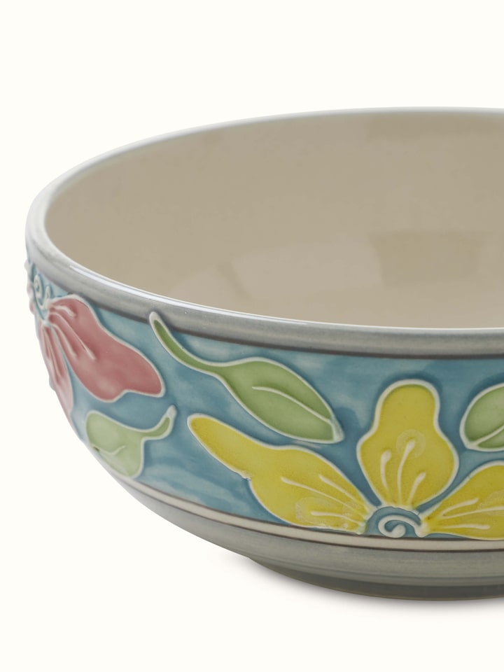 Close-up of blue Khurja pottery ceramic serving bowl focusing on its texture and ceramic craftsmanship